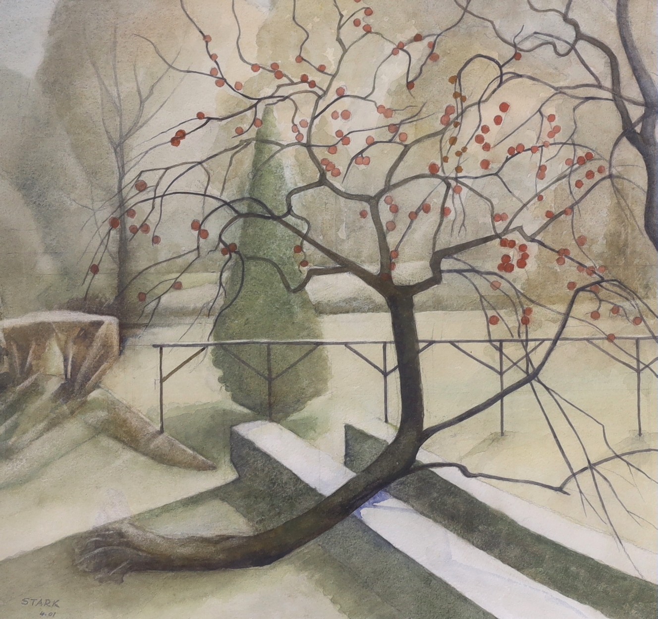 Frank Stark, watercolour, Apple tree in winter, signed and dated '01, with Exhibition label verso, 40 x 43cm